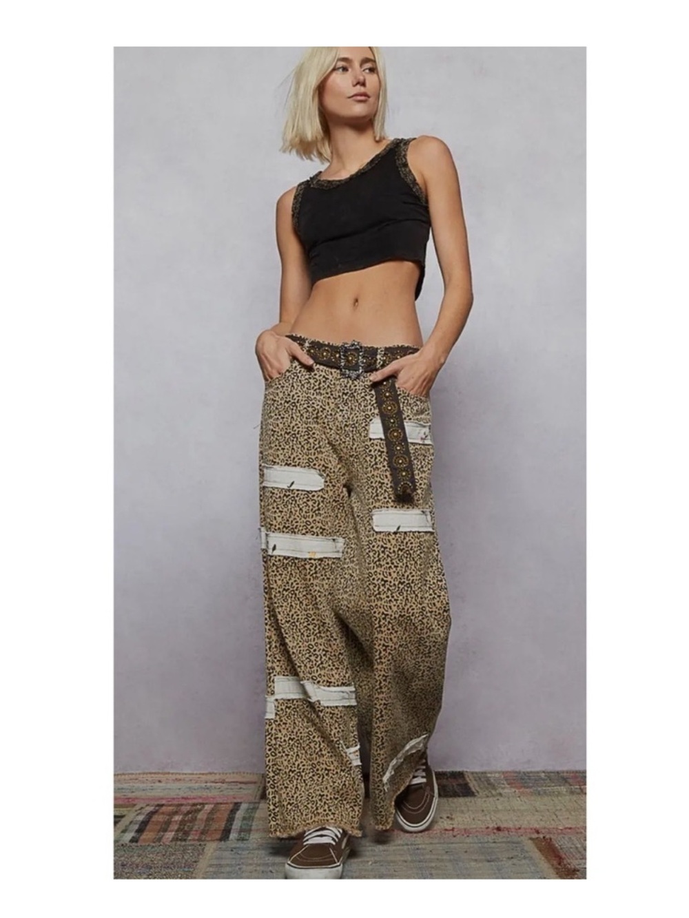 New: Beige Leopard Print Boho White Floral Patchwork Wide Leg Pants• Small
